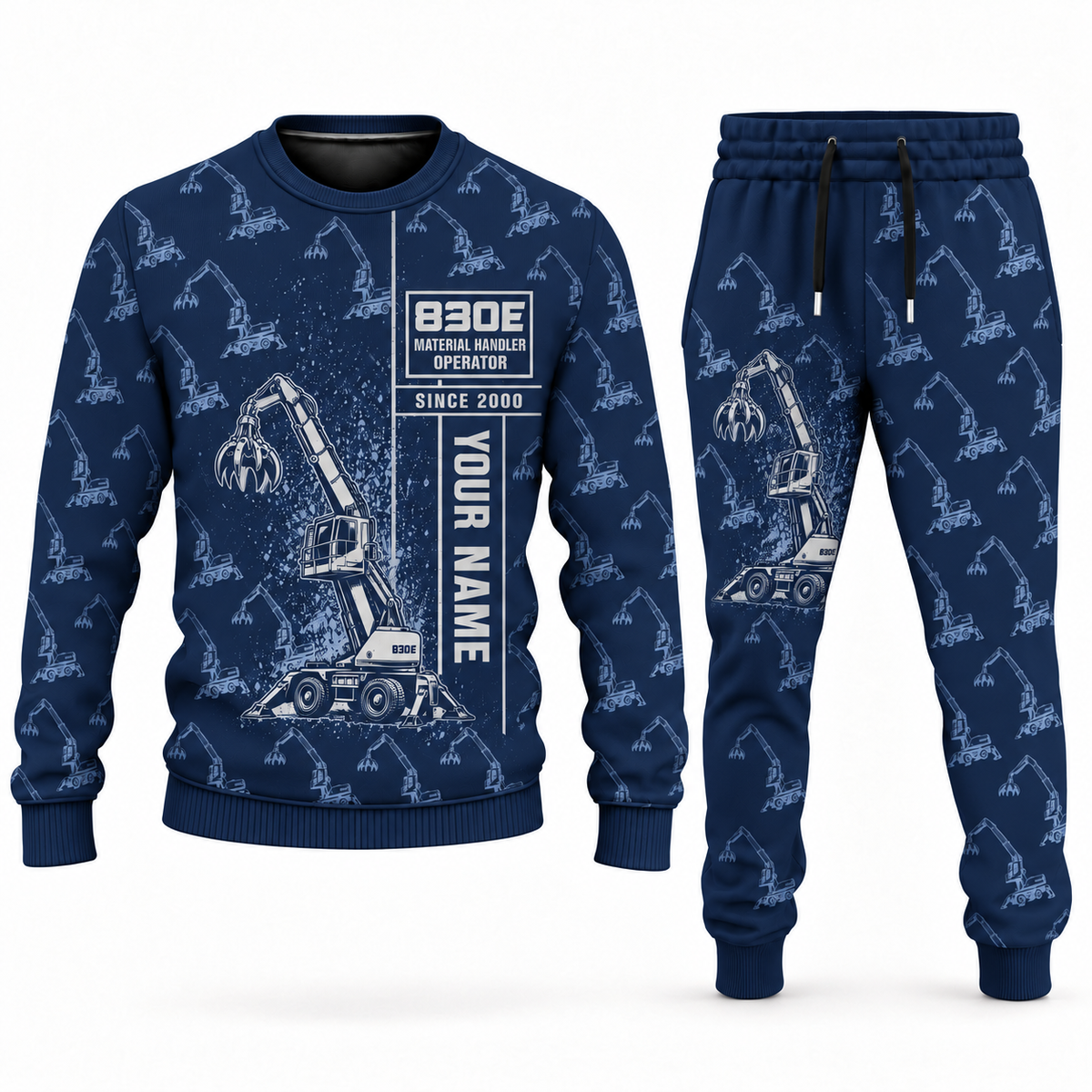 Personalized Sennebogen 830 E Material Handler Combo Sweater + Jogger in navy, sweater and jogger artwork with YOUR NAME and SINCE 2000 sample text.