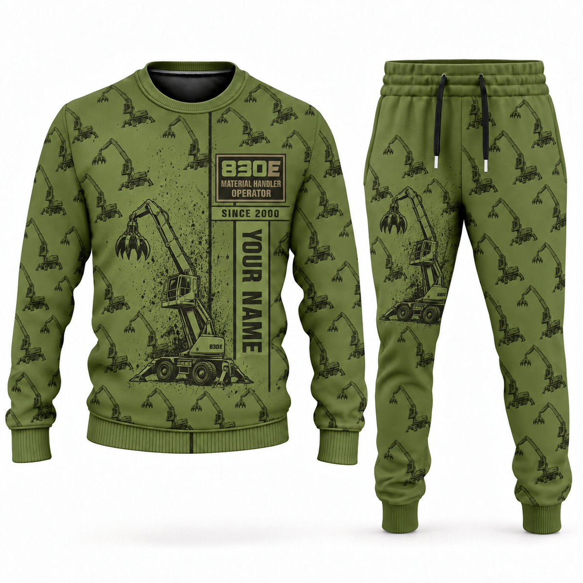 Personalized Sennebogen 830 E Material Handler Combo Sweater + Jogger in olive, sweater and jogger artwork with YOUR NAME and SINCE 2000 sample text.