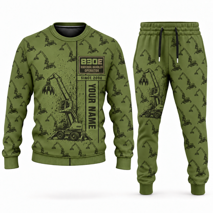 Personalized Sennebogen 830 E Material Handler Combo Sweater + Jogger in olive, sweater and jogger artwork with YOUR NAME and SINCE 2000 sample text.