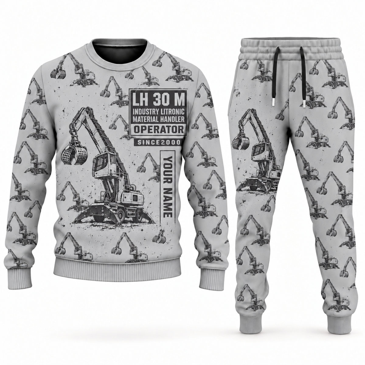 Personalized Liebherr LH 30 M Industry Litronic Material Handler Combo Sweater + Jogger in lightgray, sweater and jogger artwork with YOUR NAME and SINCE 2000 sample text.