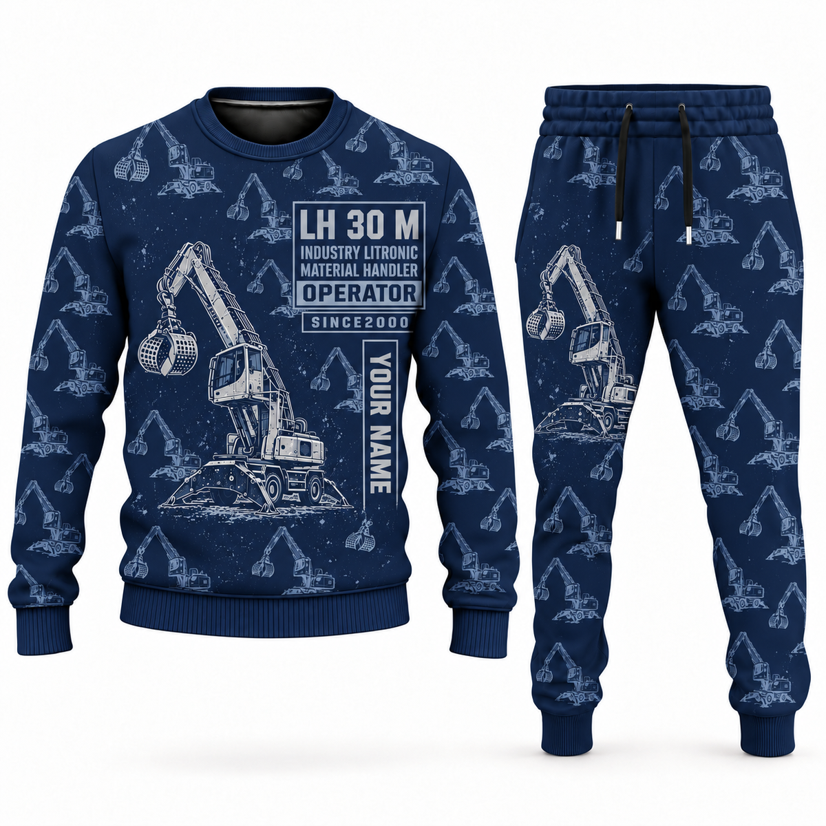 Personalized Liebherr LH 30 M Industry Litronic Material Handler Combo Sweater + Jogger in navy, sweater and jogger artwork with YOUR NAME and SINCE 2000 sample text.