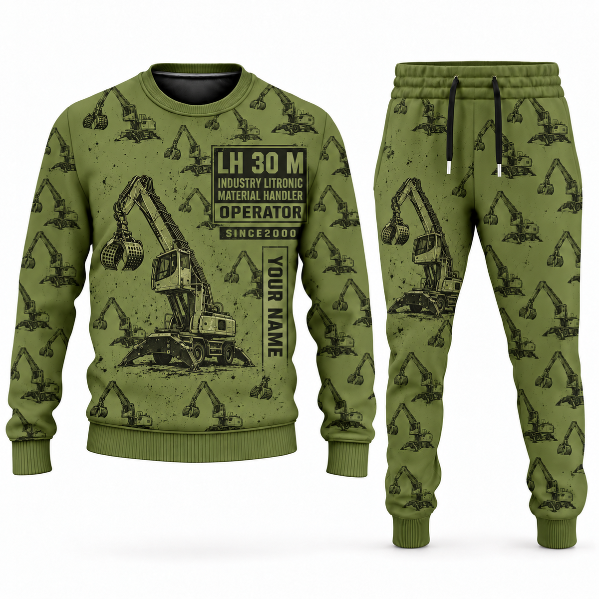 Personalized Liebherr LH 30 M Industry Litronic Material Handler Combo Sweater + Jogger in olive, sweater and jogger artwork with YOUR NAME and SINCE 2000 sample text.