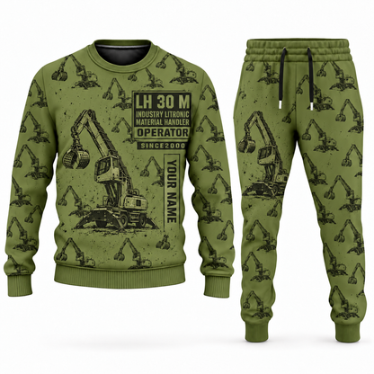 Personalized Liebherr LH 30 M Industry Litronic Material Handler Combo Sweater + Jogger in olive, sweater and jogger artwork with YOUR NAME and SINCE 2000 sample text.