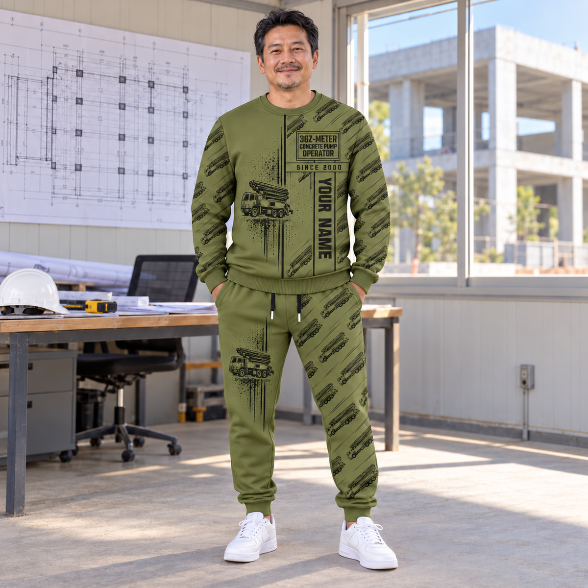 Personalized Putzmeister 36Z-Meter Concrete Pump Combo Sweater + Jogger in Olive, sweater and jogger artwork with YOUR NAME and SINCE 2000 sample text.