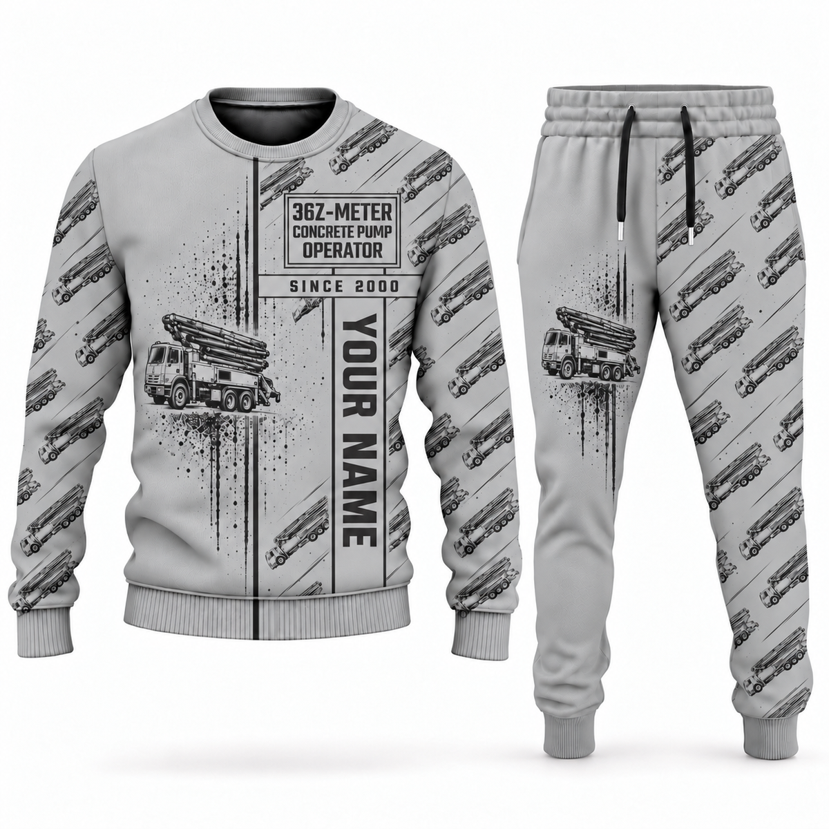 Personalized Putzmeister 36Z-Meter Concrete Pump Combo Sweater + Jogger in lightgray, sweater and jogger artwork with YOUR NAME and SINCE 2000 sample text.