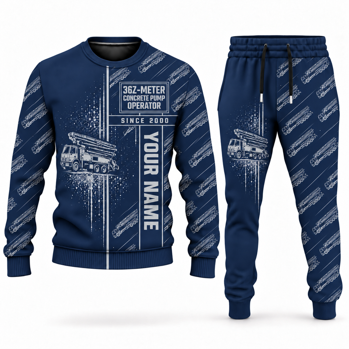 Personalized Putzmeister 36Z-Meter Concrete Pump Combo Sweater + Jogger in navy, sweater and jogger artwork with YOUR NAME and SINCE 2000 sample text.