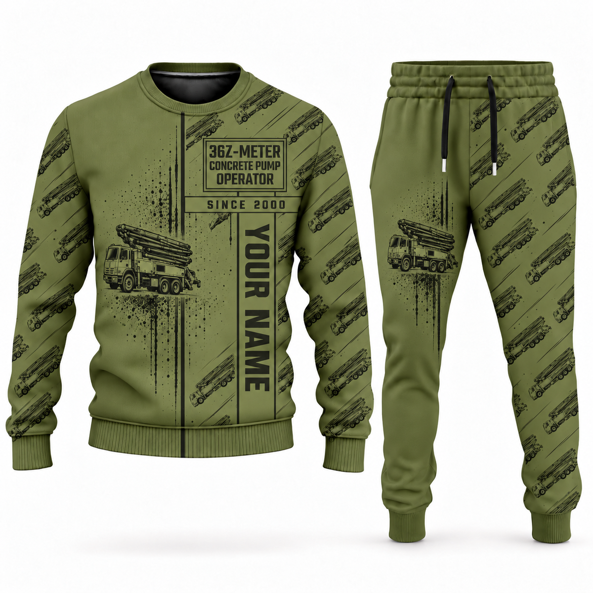 Personalized Putzmeister 36Z-Meter Concrete Pump Combo Sweater + Jogger in olive, sweater and jogger artwork with YOUR NAME and SINCE 2000 sample text.