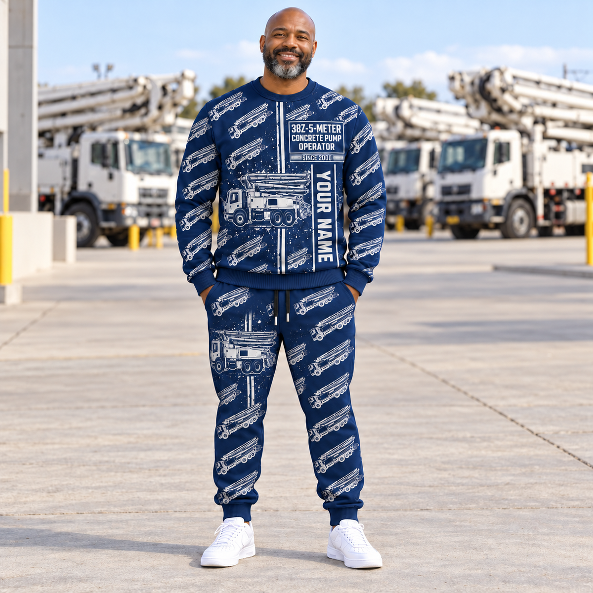 Personalized Putzmeister 38Z-5-Meter Concrete Pump Combo Sweater + Jogger in Navy, sweater and jogger artwork with YOUR NAME and SINCE 2000 sample text.
