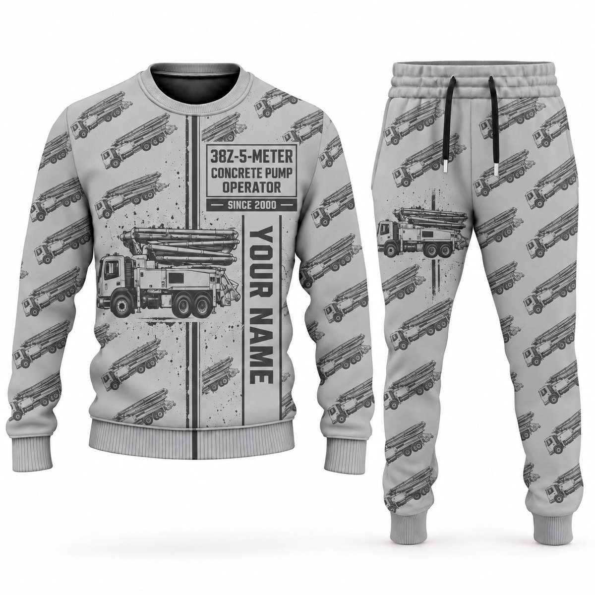 Personalized Putzmeister 38Z-5-Meter Concrete Pump Combo Sweater + Jogger in lightgray, sweater and jogger artwork with YOUR NAME and SINCE 2000 sample text.
