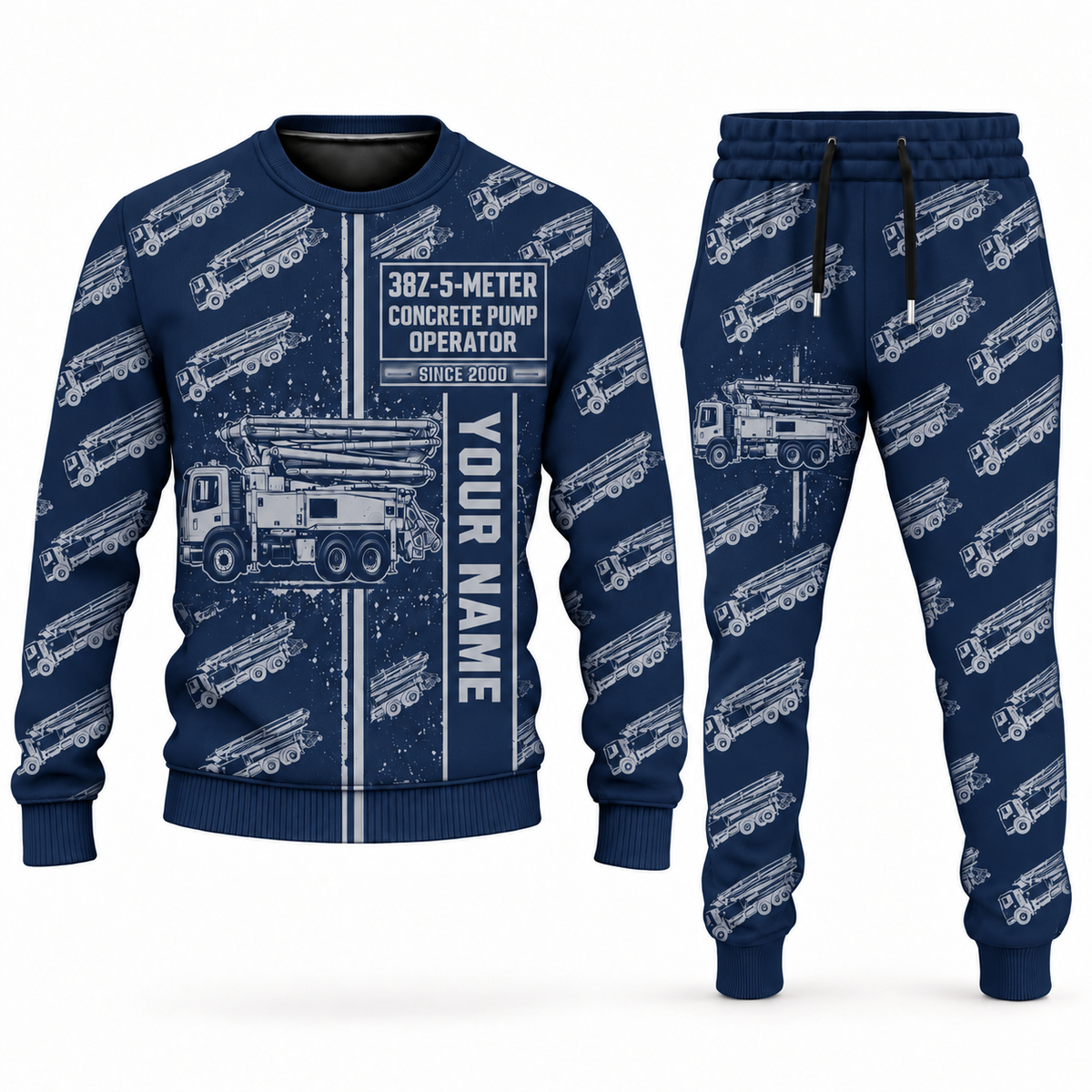 Personalized Putzmeister 38Z-5-Meter Concrete Pump Combo Sweater + Jogger in navy, sweater and jogger artwork with YOUR NAME and SINCE 2000 sample text.