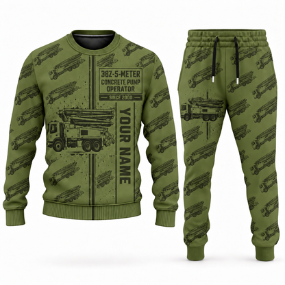 Personalized Putzmeister 38Z-5-Meter Concrete Pump Combo Sweater + Jogger in olive, sweater and jogger artwork with YOUR NAME and SINCE 2000 sample text.