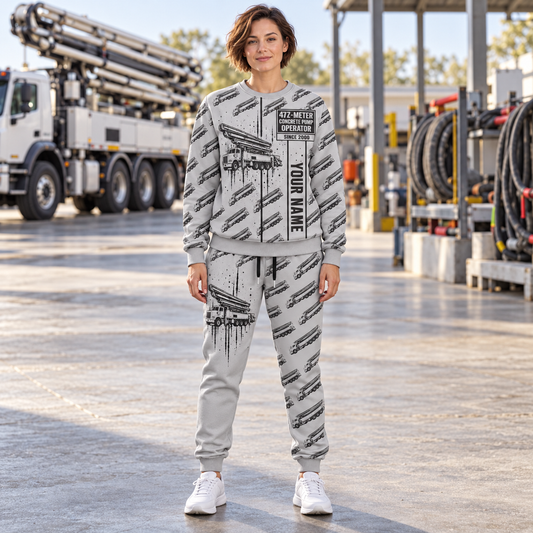 Personalized Putzmeister 47Z-Meter Concrete Pump Combo Sweater + Jogger in Light Gray, sweater and jogger artwork with YOUR NAME and SINCE 2000 sample text.