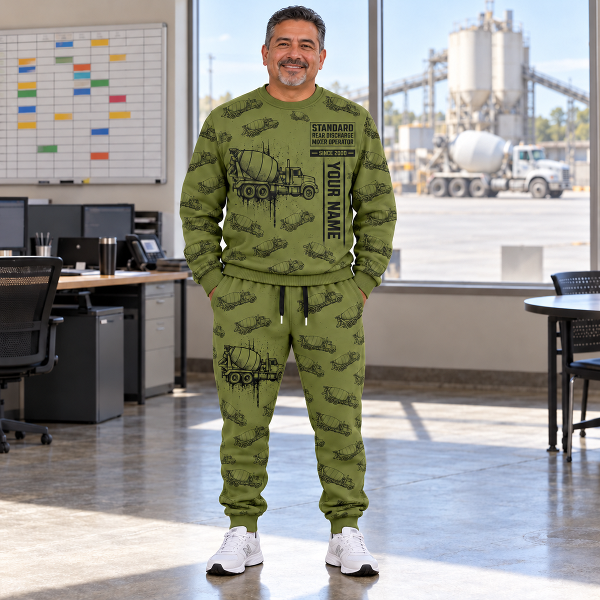 Personalized McNeilus Standard Rear Discharge Mixer Concrete Mixer Truck Combo Sweater + Jogger in Olive, sweater and jogger artwork with YOUR NAME and SINCE 2000 sample text.