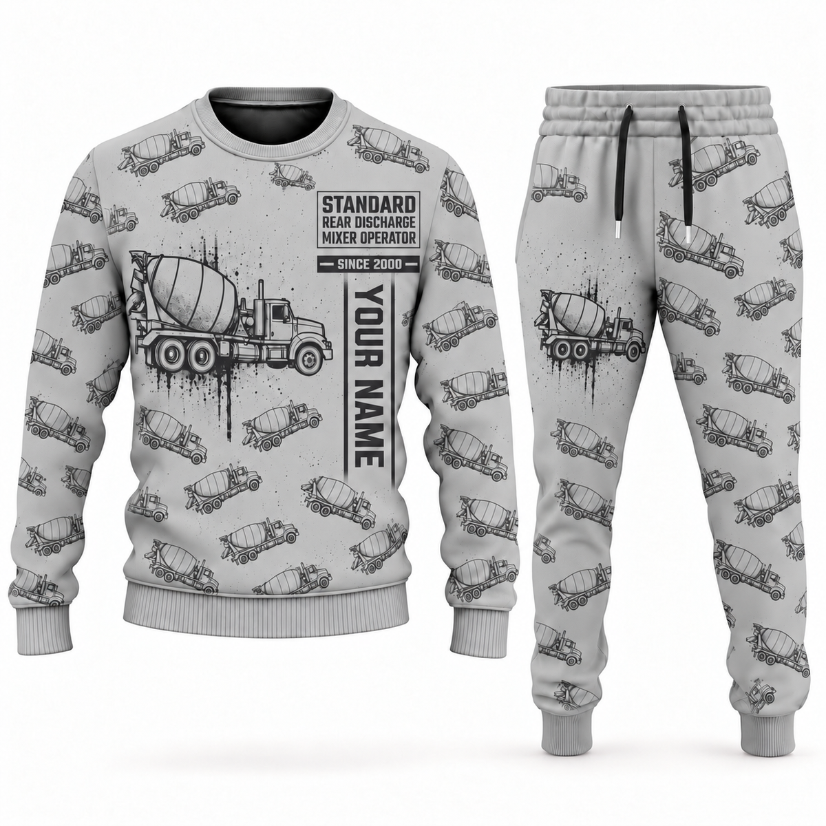 Personalized McNeilus Standard Rear Discharge Mixer Concrete Mixer Truck Combo Sweater + Jogger in lightgray, sweater and jogger artwork with YOUR NAME and SINCE 2000 sample text.