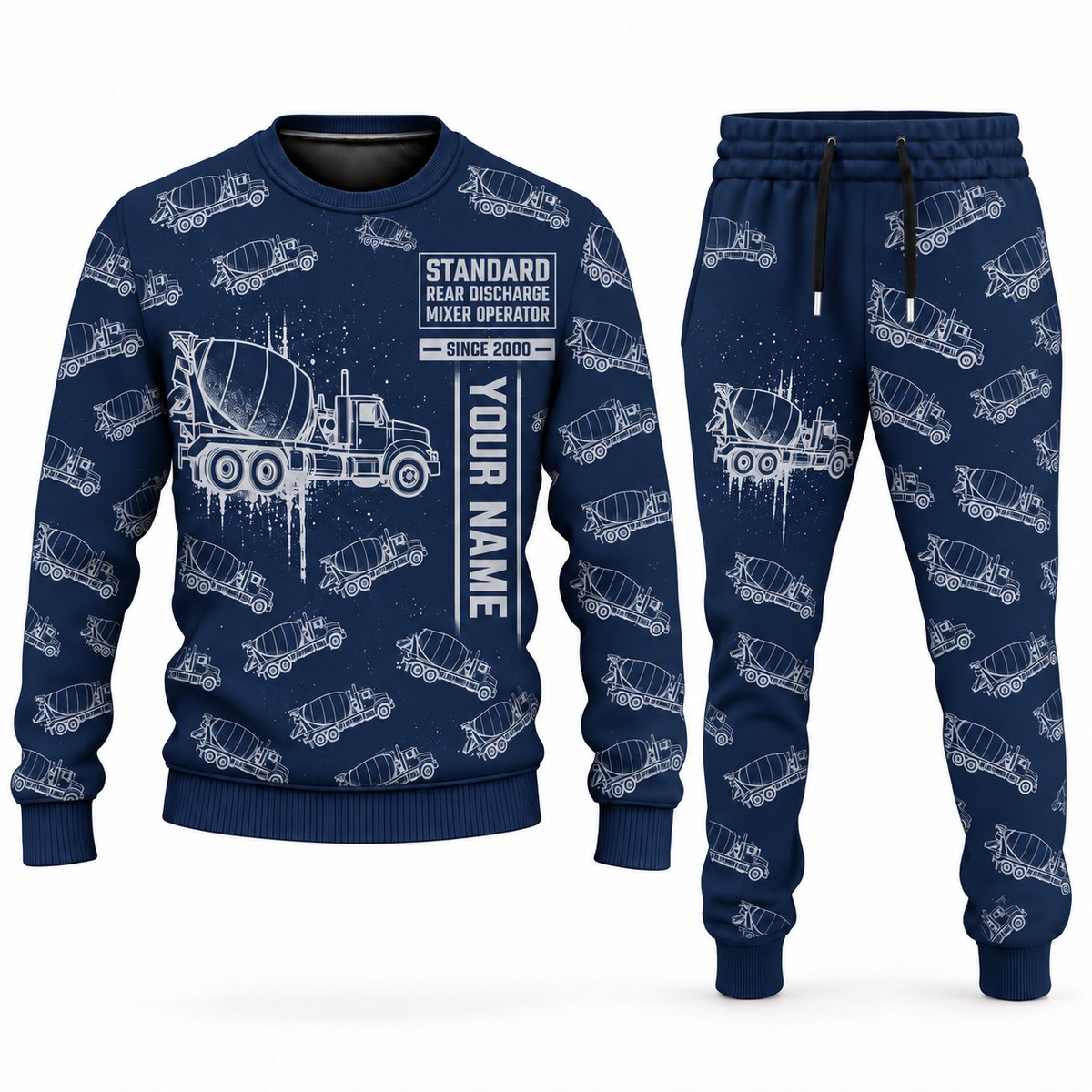 Personalized McNeilus Standard Rear Discharge Mixer Concrete Mixer Truck Combo Sweater + Jogger in navy, sweater and jogger artwork with YOUR NAME and SINCE 2000 sample text.
