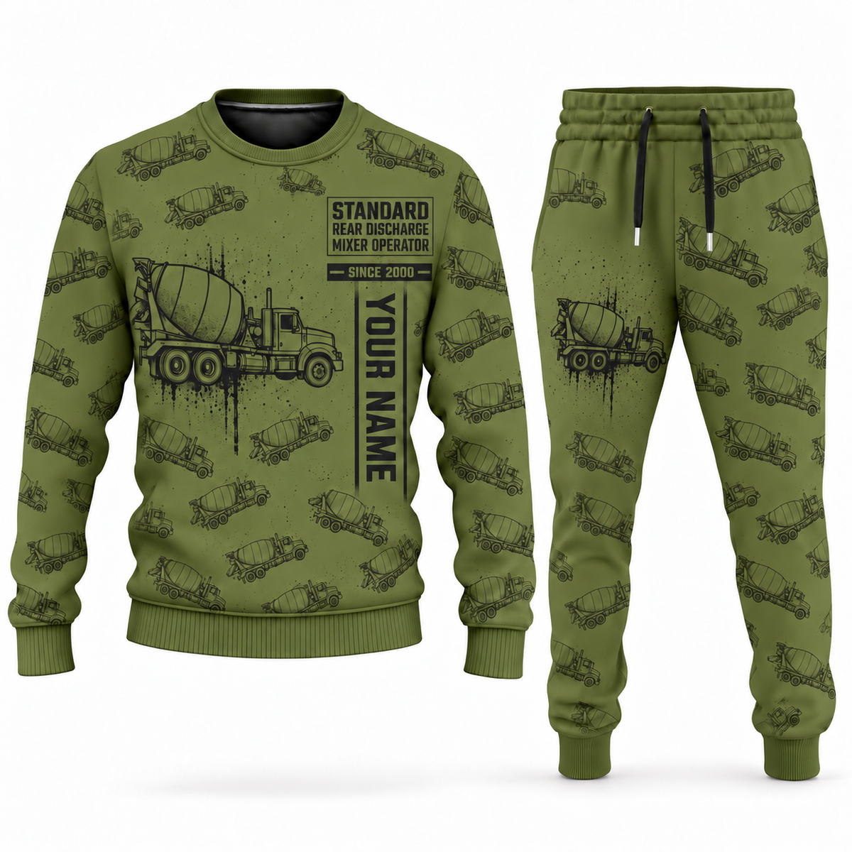 Personalized McNeilus Standard Rear Discharge Mixer Concrete Mixer Truck Combo Sweater + Jogger in olive, sweater and jogger artwork with YOUR NAME and SINCE 2000 sample text.