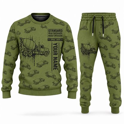 Personalized McNeilus Standard Rear Discharge Mixer Concrete Mixer Truck Combo Sweater + Jogger in olive, sweater and jogger artwork with YOUR NAME and SINCE 2000 sample text.