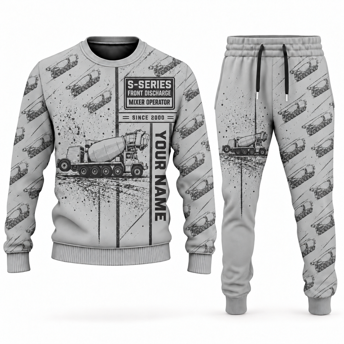 Personalized Oshkosh S-Series Front Discharge Concrete Mixer Truck Combo Sweater + Jogger in lightgray, sweater and jogger artwork with YOUR NAME and SINCE 2000 sample text.