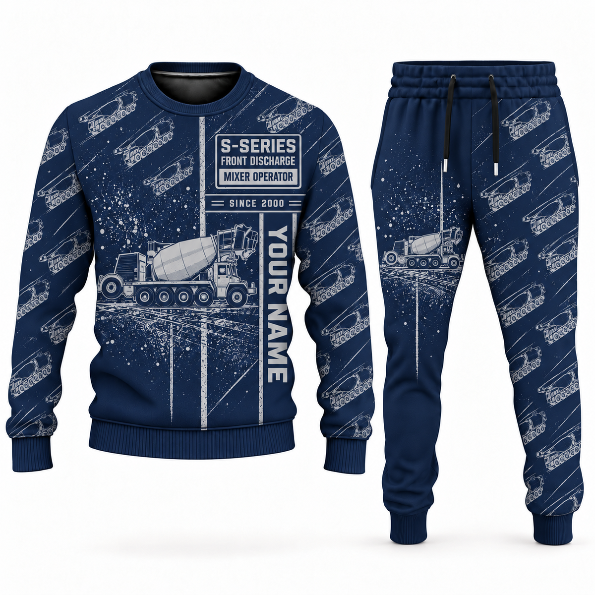 Personalized Oshkosh S-Series Front Discharge Concrete Mixer Truck Combo Sweater + Jogger in navy, sweater and jogger artwork with YOUR NAME and SINCE 2000 sample text.