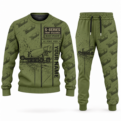 Personalized Oshkosh S-Series Front Discharge Concrete Mixer Truck Combo Sweater + Jogger in olive, sweater and jogger artwork with YOUR NAME and SINCE 2000 sample text.
