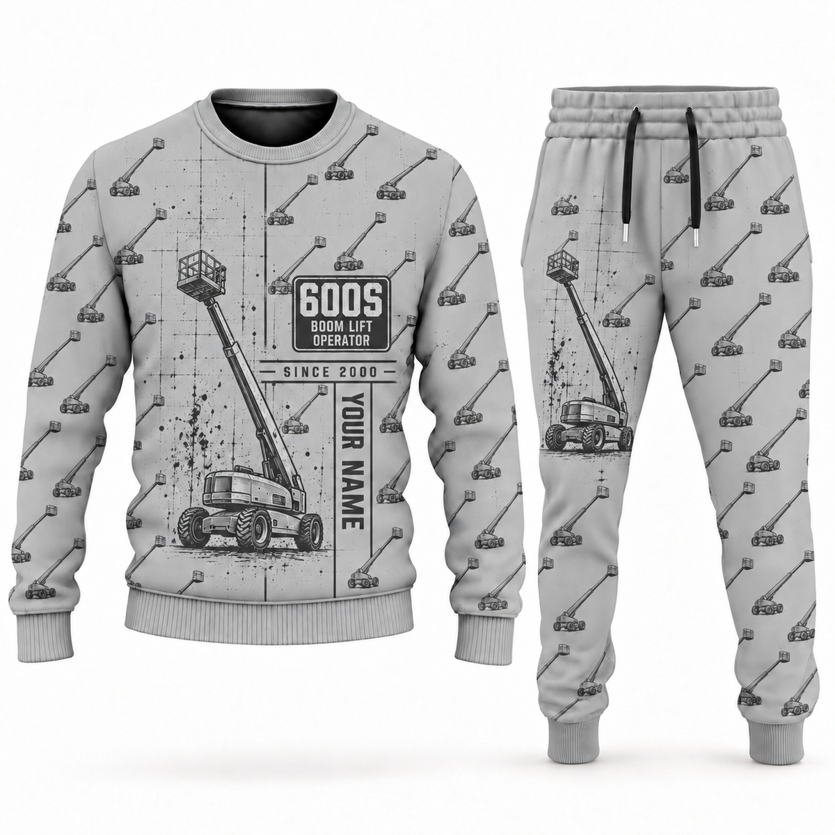Personalized JLG 600S Telescopic Boom Lift Combo Sweater + Jogger in lightgray, sweater and jogger artwork with YOUR NAME and SINCE 2000 sample text.