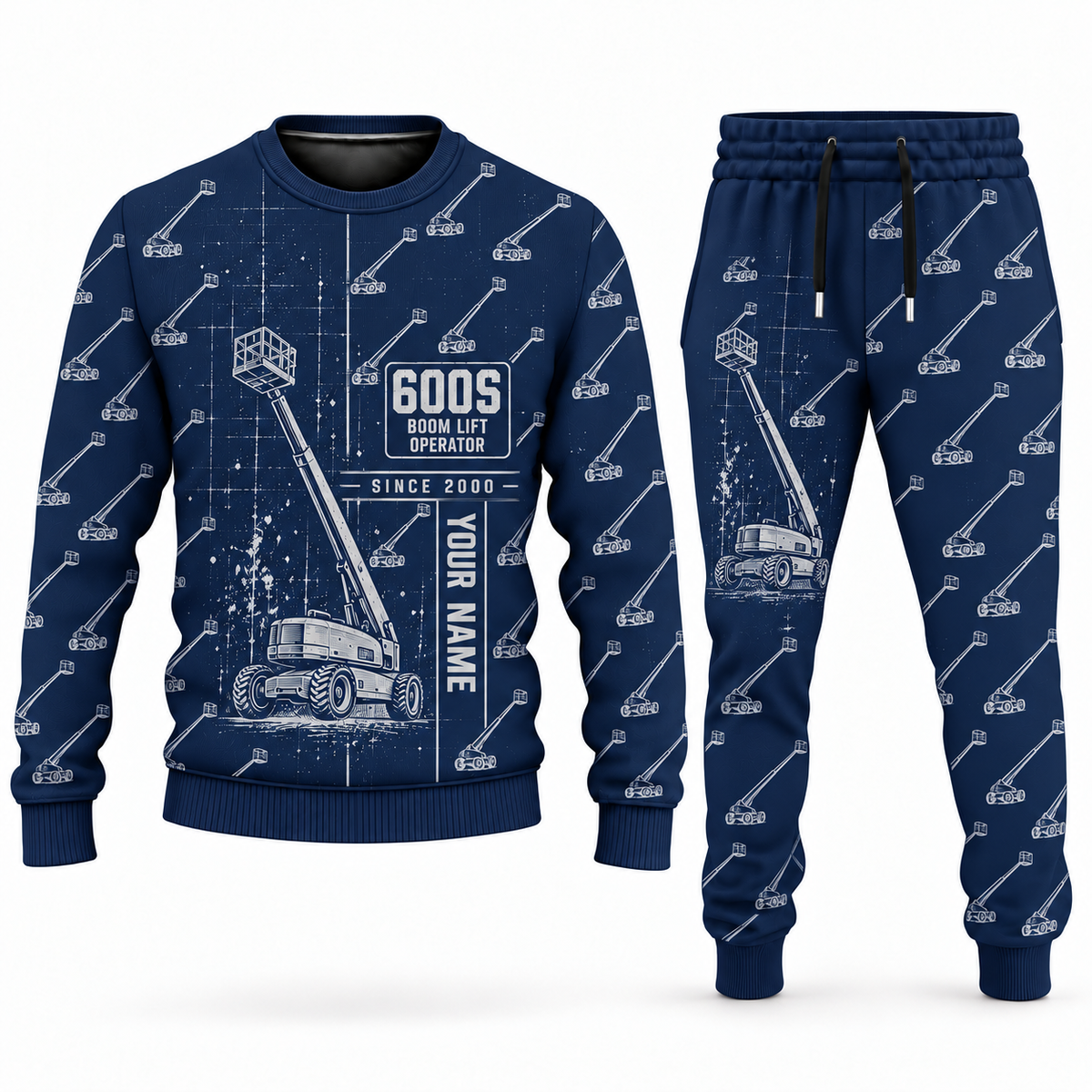 Personalized JLG 600S Telescopic Boom Lift Combo Sweater + Jogger in navy, sweater and jogger artwork with YOUR NAME and SINCE 2000 sample text.