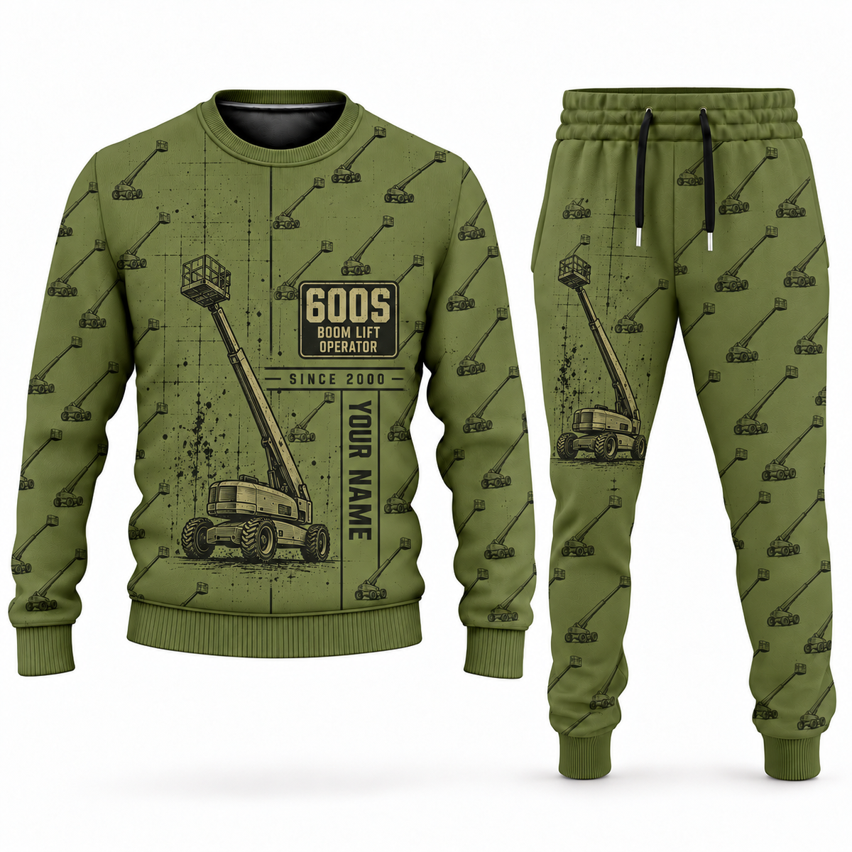 Personalized JLG 600S Telescopic Boom Lift Combo Sweater + Jogger in olive, sweater and jogger artwork with YOUR NAME and SINCE 2000 sample text.