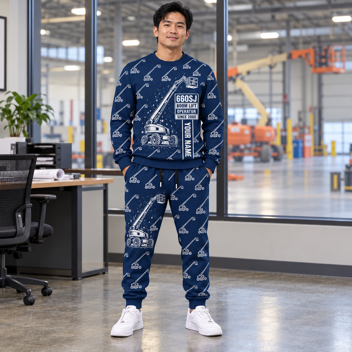 Personalized JLG 660SJ Telescopic Boom Lift with Jib Combo Sweater + Jogger in Navy, sweater and jogger artwork with YOUR NAME and SINCE 2000 sample text.
