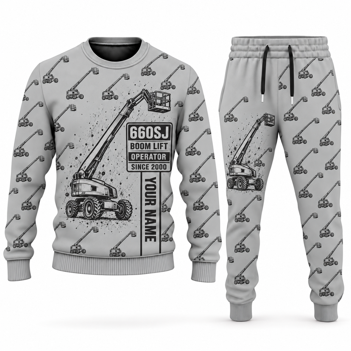 Personalized JLG 660SJ Telescopic Boom Lift with Jib Combo Sweater + Jogger in lightgray, sweater and jogger artwork with YOUR NAME and SINCE 2000 sample text.