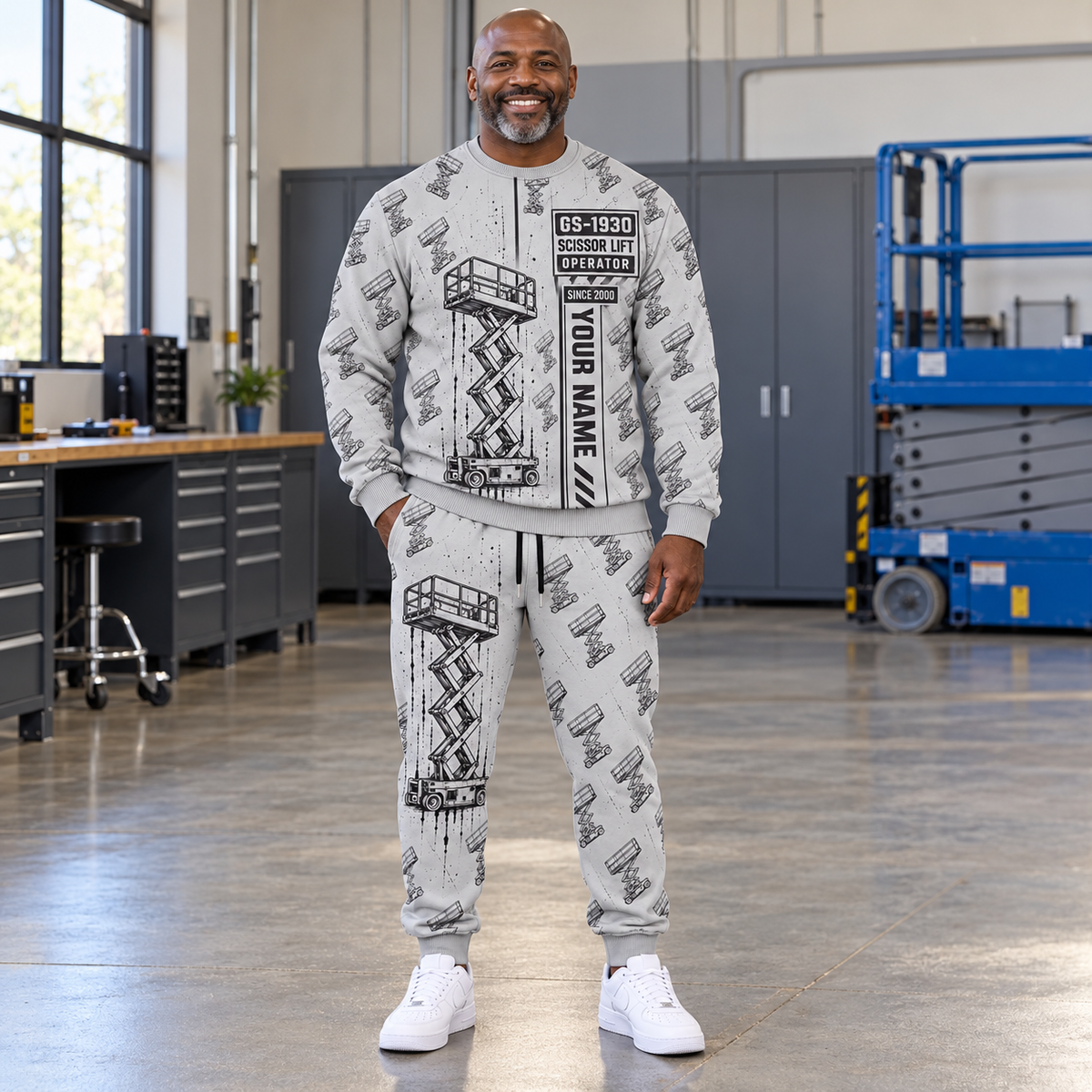 Personalized Genie GS-1930 Scissor Lift Combo Sweater + Jogger in Light Gray, sweater and jogger artwork with YOUR NAME and SINCE 2000 sample text.
