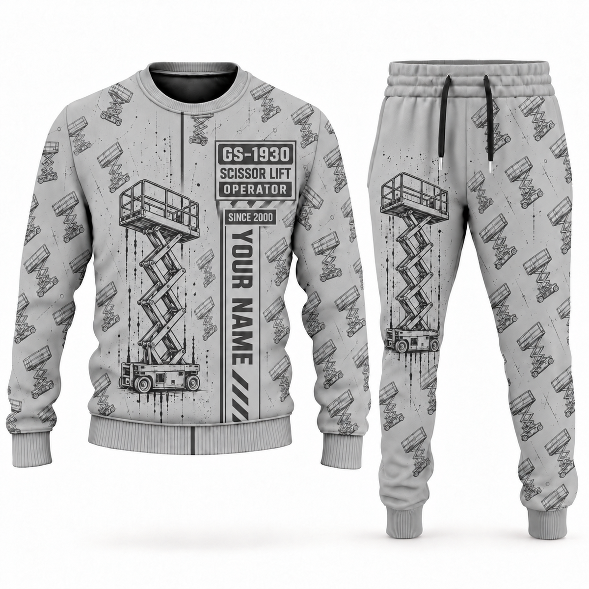 Personalized Genie GS-1930 Scissor Lift Combo Sweater + Jogger in lightgray, sweater and jogger artwork with YOUR NAME and SINCE 2000 sample text.