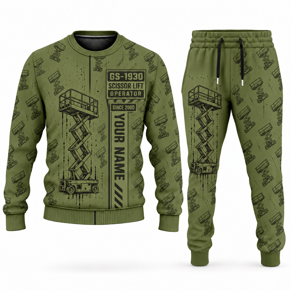 Personalized Genie GS-1930 Scissor Lift Combo Sweater + Jogger in olive, sweater and jogger artwork with YOUR NAME and SINCE 2000 sample text.