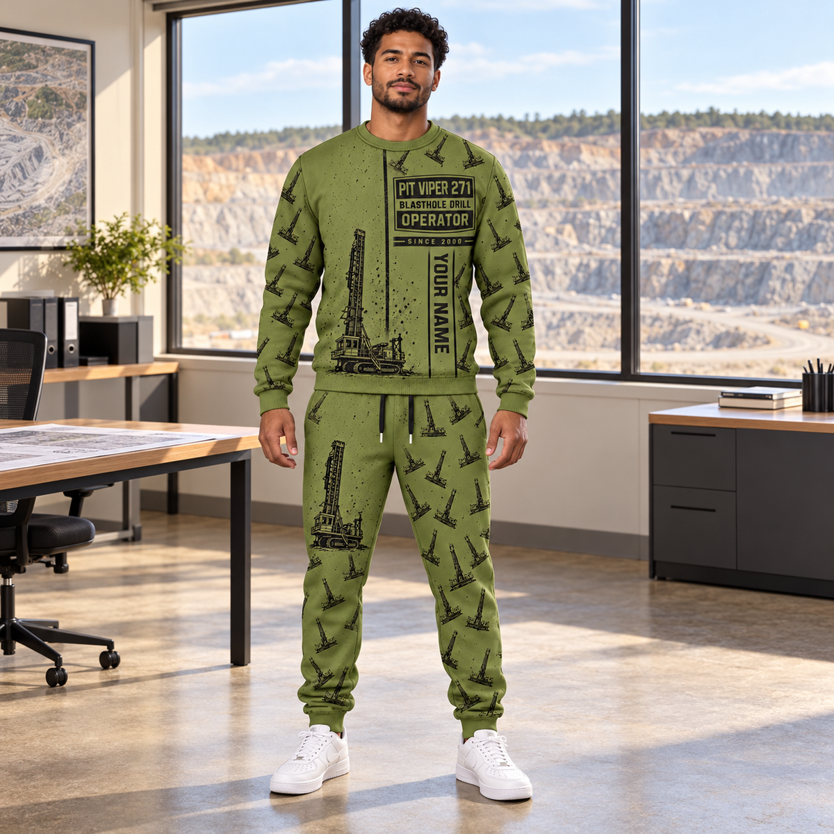 Personalized Pit Viper 271 Blasthole Drill Operator Combo Sweater + Jogger in Olive, sweater and jogger artwork with YOUR NAME and SINCE 2000 sample text.