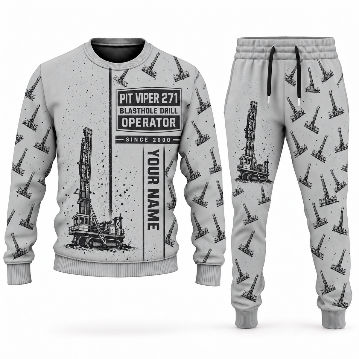 Personalized Pit Viper 271 Blasthole Drill Operator Combo Sweater + Jogger in lightgray, sweater and jogger artwork with YOUR NAME and SINCE 2000 sample text.