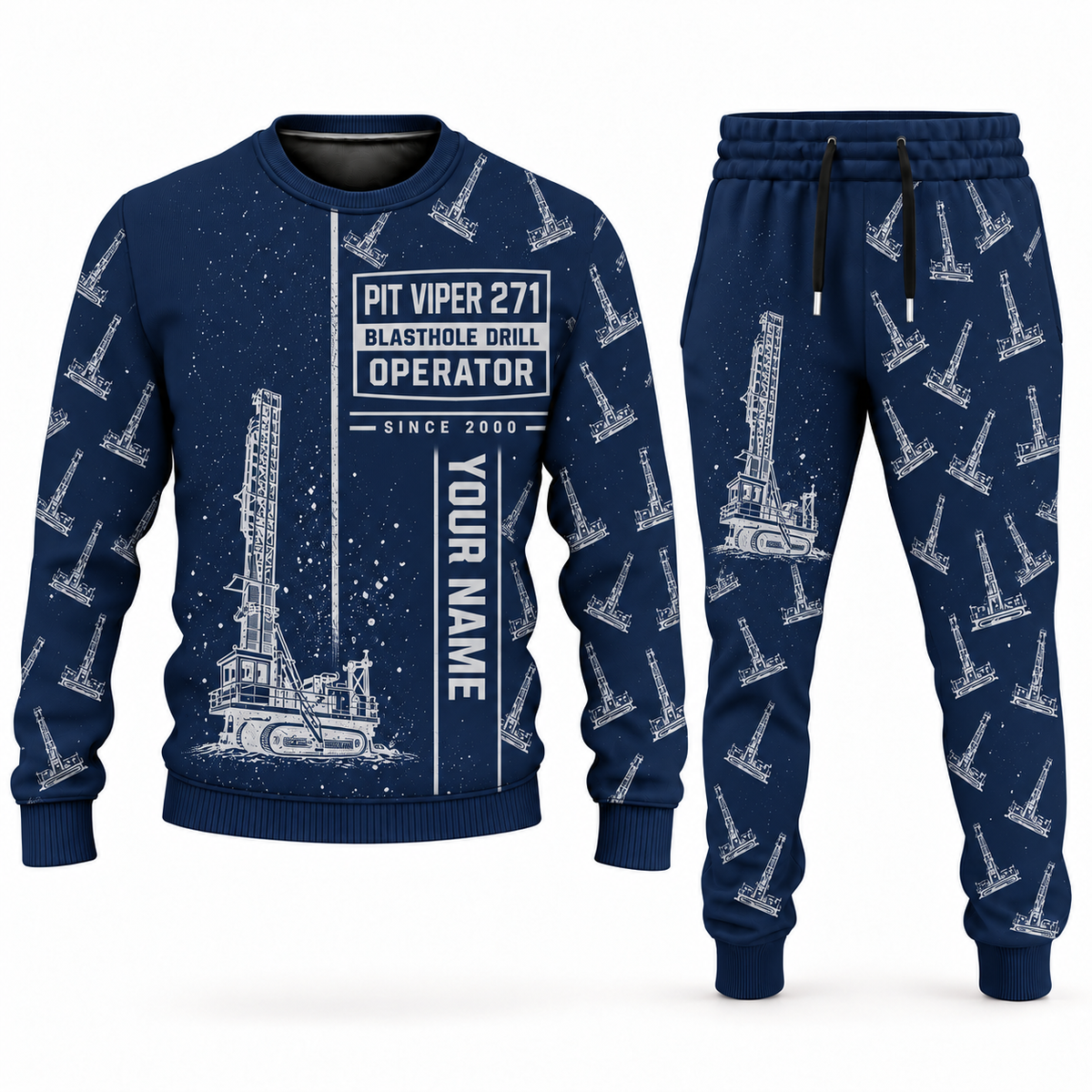 Personalized Pit Viper 271 Blasthole Drill Operator Combo Sweater + Jogger in navy, sweater and jogger artwork with YOUR NAME and SINCE 2000 sample text.
