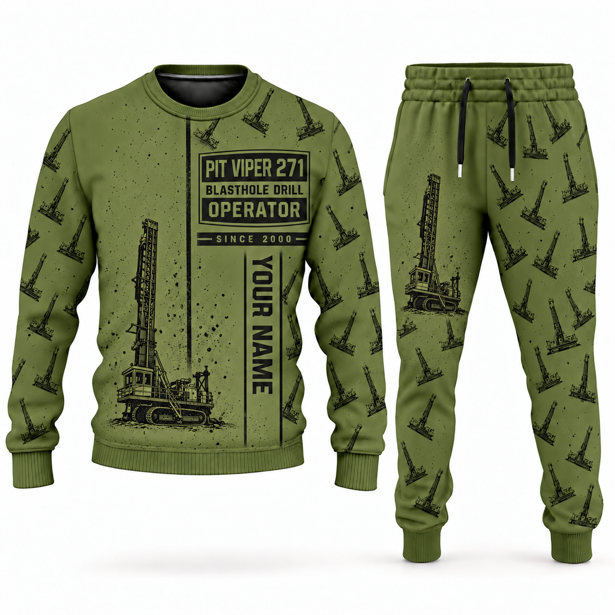 Personalized Pit Viper 271 Blasthole Drill Operator Combo Sweater + Jogger in olive, sweater and jogger artwork with YOUR NAME and SINCE 2000 sample text.