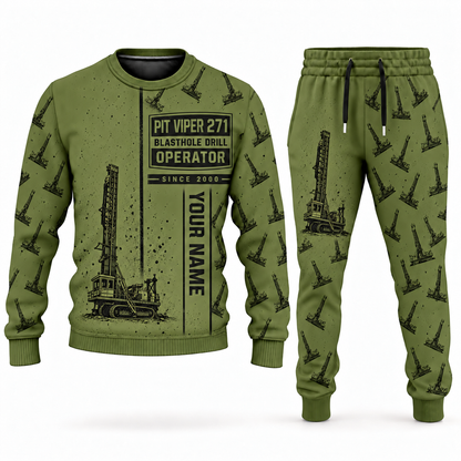 Personalized Pit Viper 271 Blasthole Drill Operator Combo Sweater + Jogger in olive, sweater and jogger artwork with YOUR NAME and SINCE 2000 sample text.
