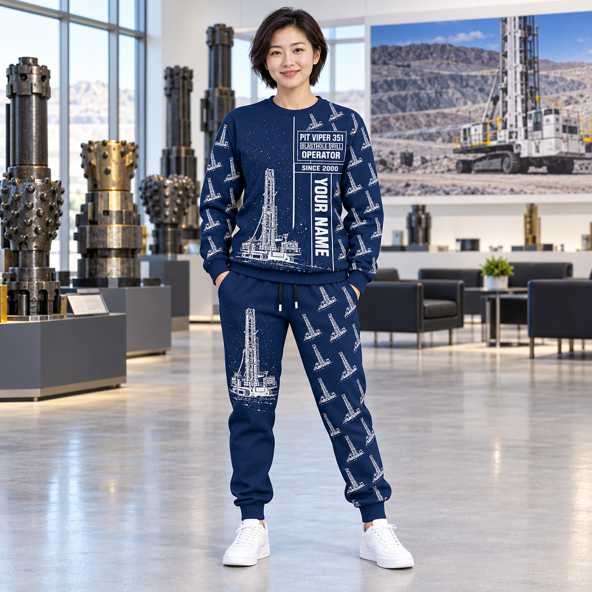Personalized Pit Viper 351 Blasthole Drill Operator Combo Sweater + Jogger in Navy, sweater and jogger artwork with YOUR NAME and SINCE 2000 sample text.