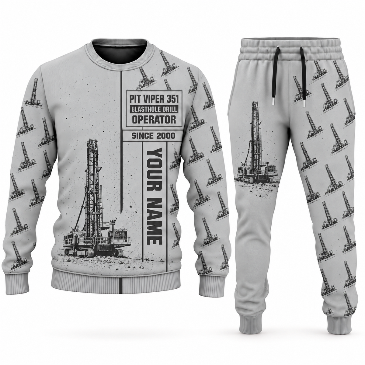 Personalized Pit Viper 351 Blasthole Drill Operator Combo Sweater + Jogger in lightgray, sweater and jogger artwork with YOUR NAME and SINCE 2000 sample text.