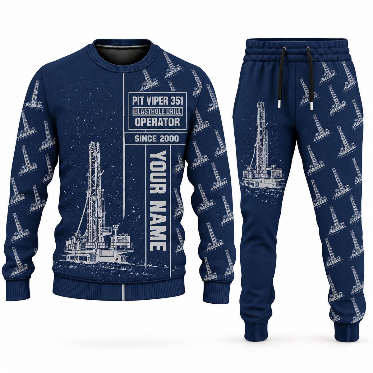 Personalized Pit Viper 351 Blasthole Drill Operator Combo Sweater + Jogger in navy, sweater and jogger artwork with YOUR NAME and SINCE 2000 sample text.