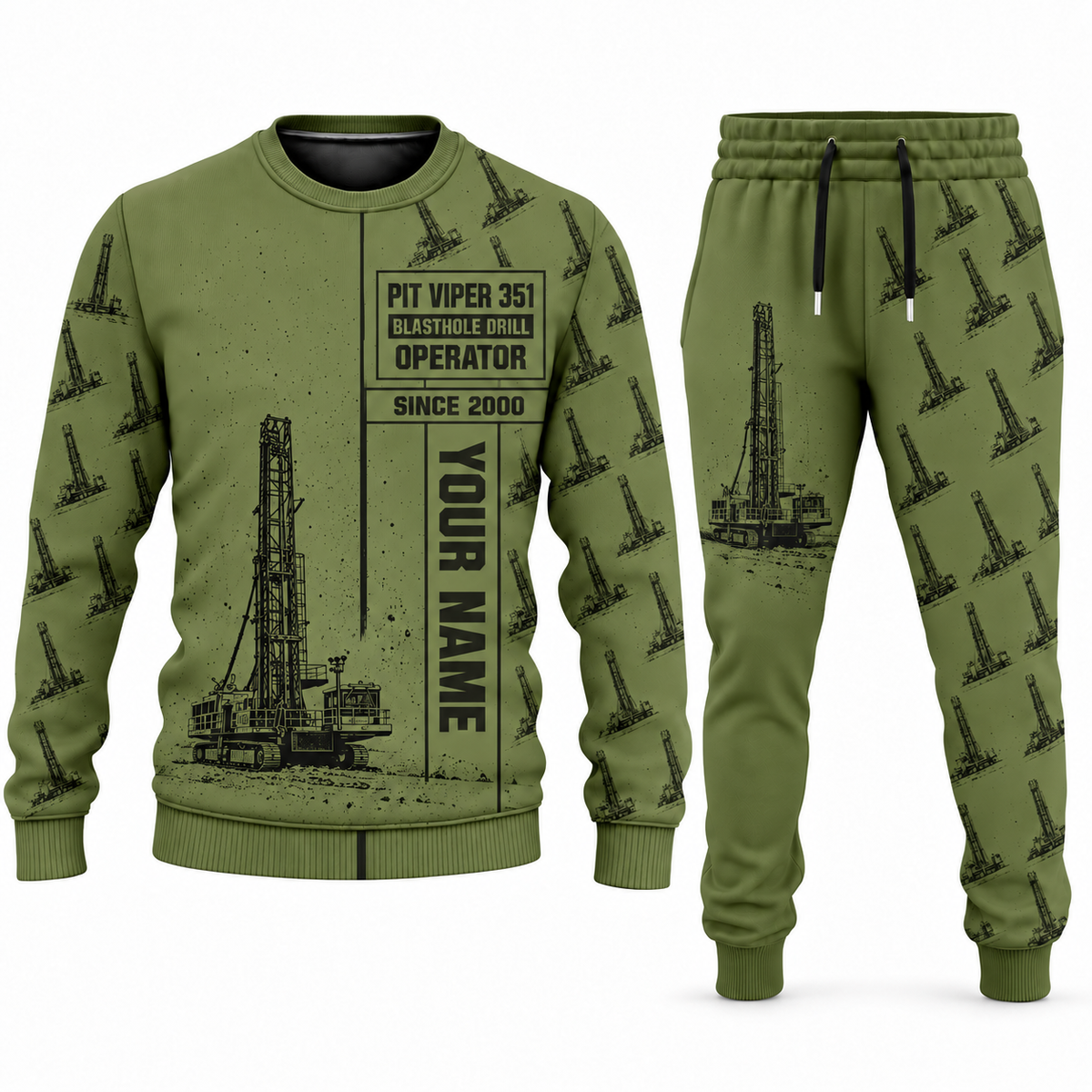 Personalized Pit Viper 351 Blasthole Drill Operator Combo Sweater + Jogger in olive, sweater and jogger artwork with YOUR NAME and SINCE 2000 sample text.