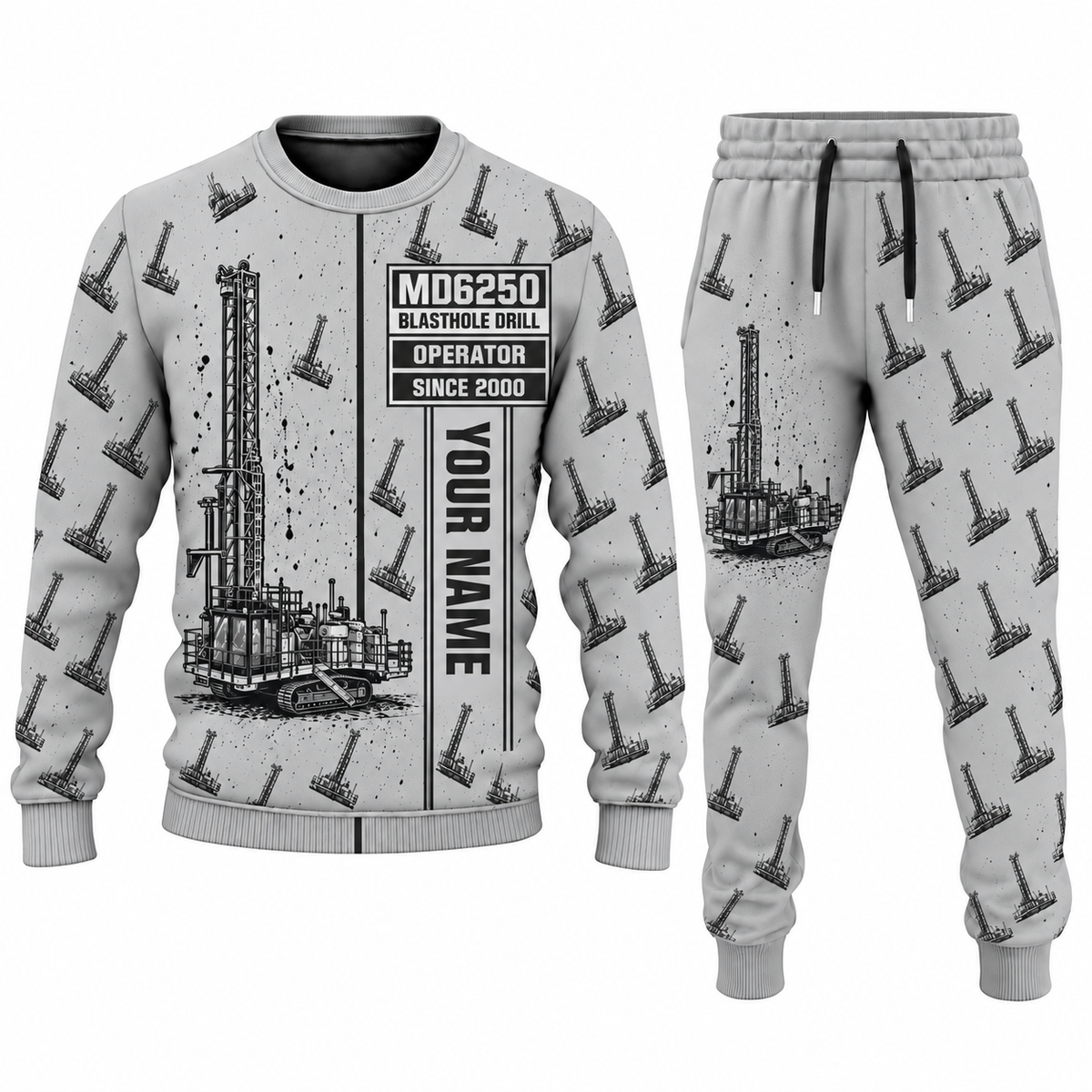 Personalized MD6250 Blasthole Drill Operator Combo Sweater + Jogger in lightgray, sweater and jogger artwork with YOUR NAME and SINCE 2000 sample text.