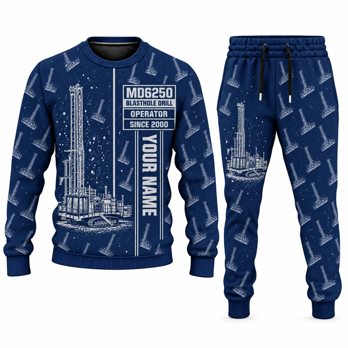 Personalized MD6250 Blasthole Drill Operator Combo Sweater + Jogger in navy, sweater and jogger artwork with YOUR NAME and SINCE 2000 sample text.