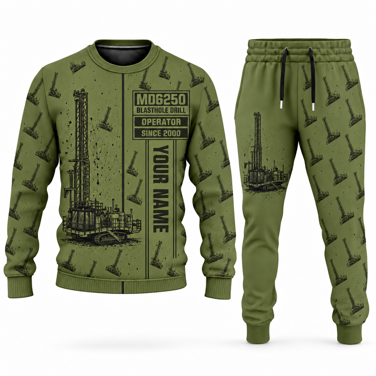 Personalized MD6250 Blasthole Drill Operator Combo Sweater + Jogger in olive, sweater and jogger artwork with YOUR NAME and SINCE 2000 sample text.