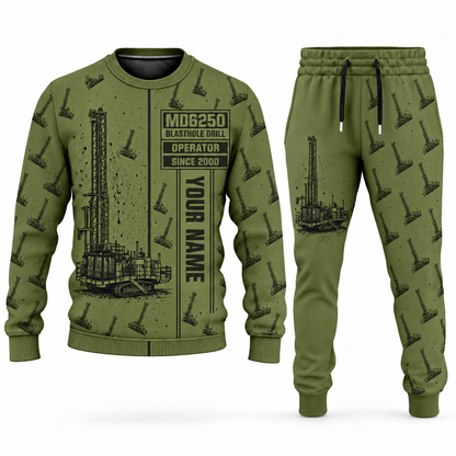 Personalized MD6250 Blasthole Drill Operator Combo Sweater + Jogger in olive, sweater and jogger artwork with YOUR NAME and SINCE 2000 sample text.