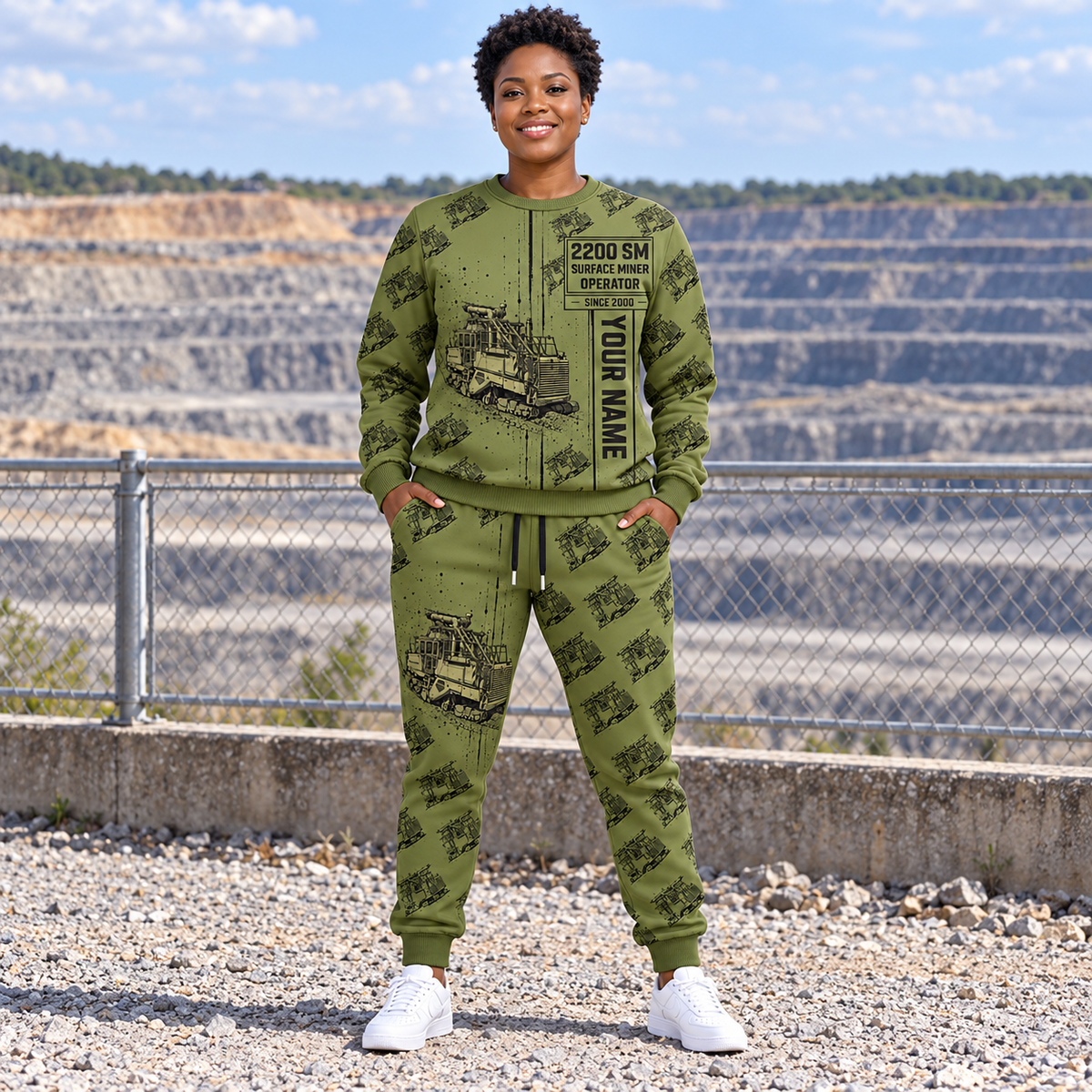 Personalized 2200 SM Surface Miner Combo Sweater + Jogger in Olive, sweater and jogger artwork with YOUR NAME and SINCE 2000 sample text.