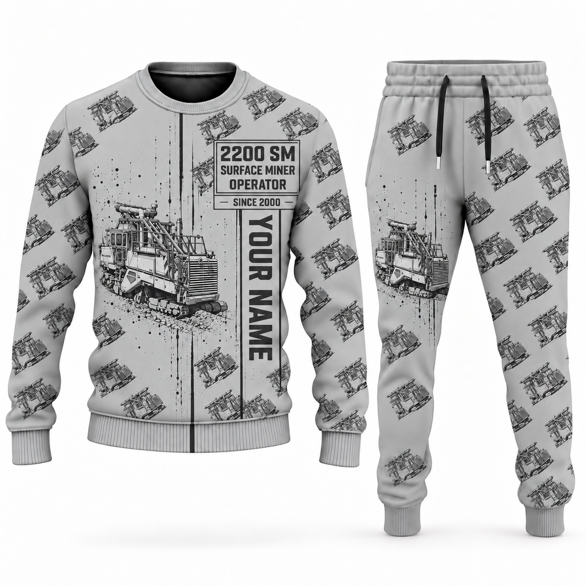 Personalized 2200 SM Surface Miner Combo Sweater + Jogger in lightgray, sweater and jogger artwork with YOUR NAME and SINCE 2000 sample text.