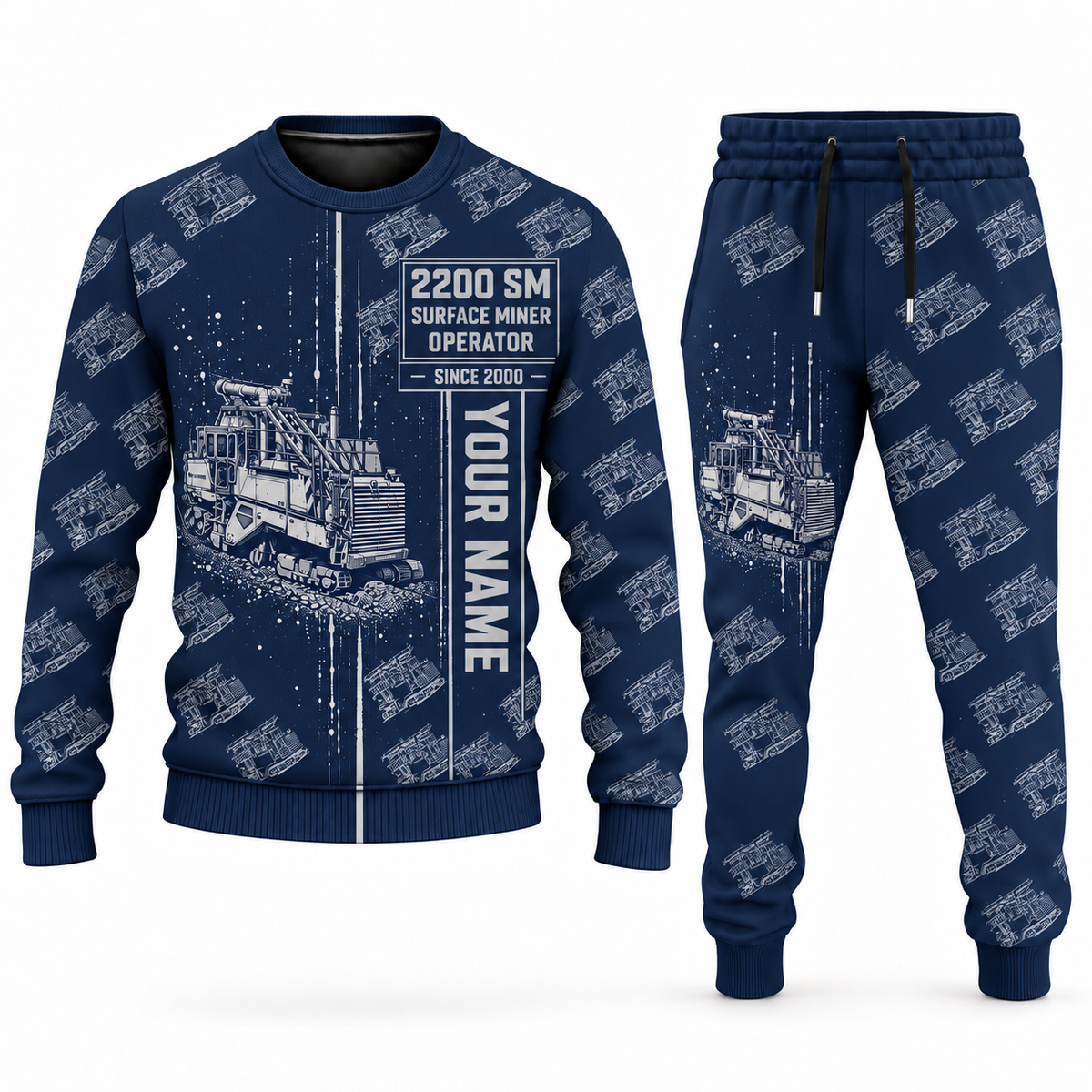 Personalized 2200 SM Surface Miner Combo Sweater + Jogger in navy, sweater and jogger artwork with YOUR NAME and SINCE 2000 sample text.