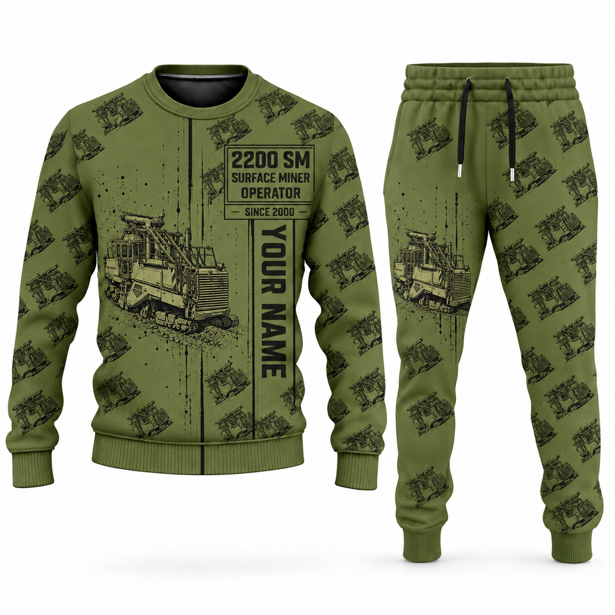 Personalized 2200 SM Surface Miner Combo Sweater + Jogger in olive, sweater and jogger artwork with YOUR NAME and SINCE 2000 sample text.