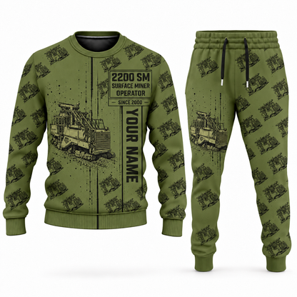 Personalized 2200 SM Surface Miner Combo Sweater + Jogger in olive, sweater and jogger artwork with YOUR NAME and SINCE 2000 sample text.